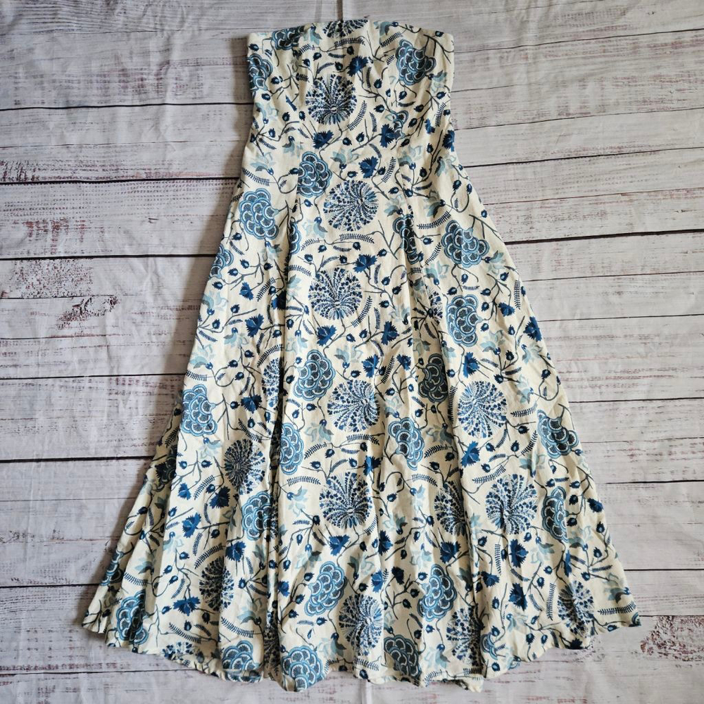Strapless Floral Midi Dress in Ivory and Blue